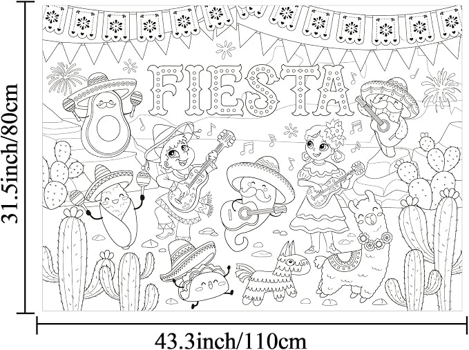 ZOIIWA Large Mexican Fiesta Coloring Poster Giant Coloring Sheet Page De Mayo Tablecloth Big Taco Jumbo Books for Craft Activity Game Home Birthday Party Decorations Supplies Favor 31.4 x 43.3 Inch