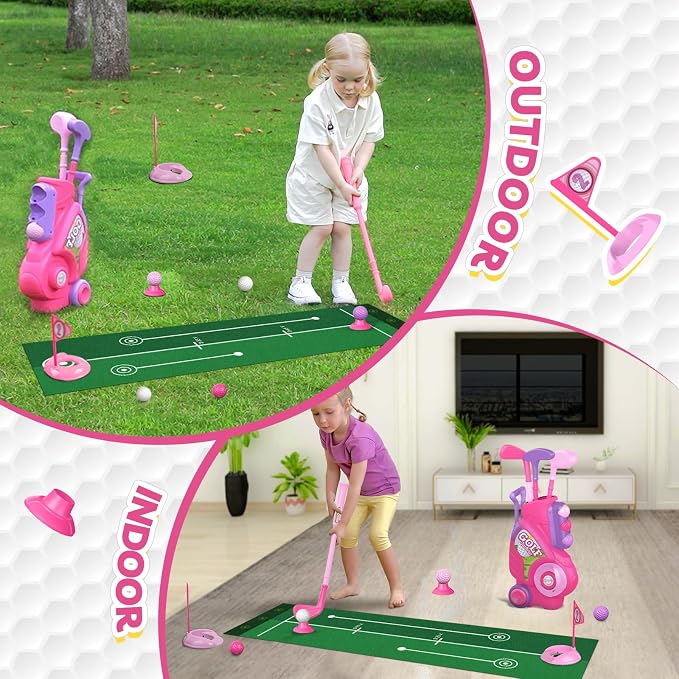 Liberry Toddler Golf Set for 2 3 4 Years Old Girls Boys, Upgraded Kids Golf Clubs Set with Golf Cart, Putting Mat, Outdoor Indoor Sports Toy Birthday Gift, Pink