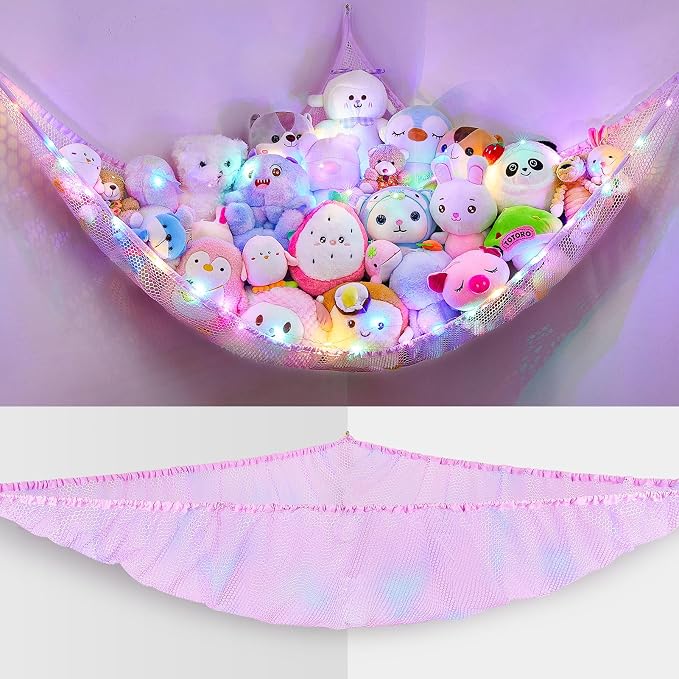 Unicorn Castle Stuffed Animals Net or Hammock Kids Toy Storage Organizer with LED Light Hanging Corner Stuffed Animals Holder Kids Girls Room Decor,Pale-Pink,Large (Pack of 1)