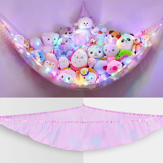 Unicorn Castle Stuffed Animals Net or Hammock Kids Toy Storage Organizer with LED Light Hanging Corner Stuffed Animals Holder Kids Girls Room Decor,Pale-Pink,Large (Pack of 1)