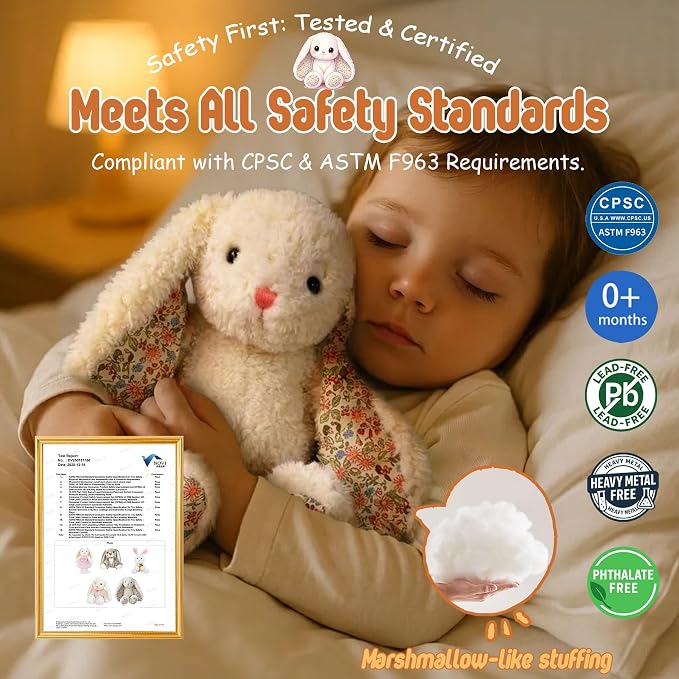 Floral Bunny Stuffed Animal Cream French Style Blossom Romantic Rabbit Plush Toy Easter Stuffers Birthday Gifts Girlfriend Kids Party Favors Home Aesthetic Bedroom Decoration 8.7 Inch 9.5 oz
