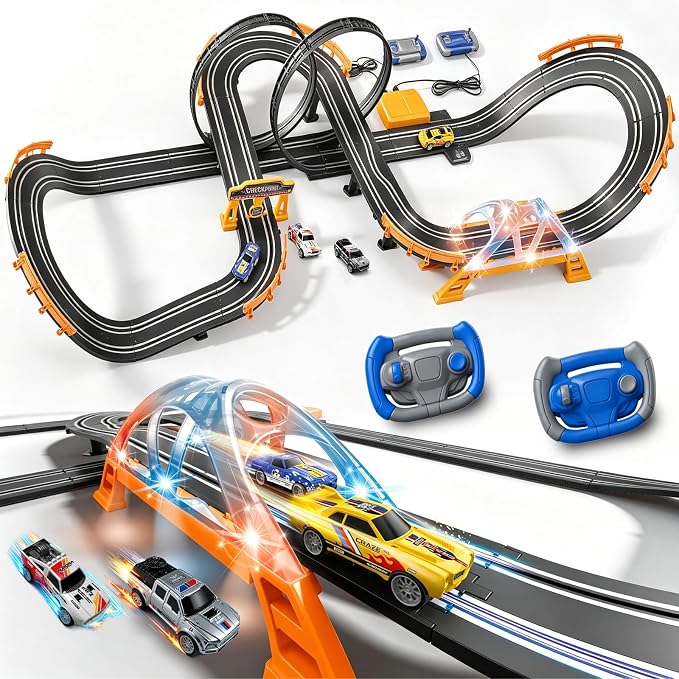 Electric Slot Car Race Track Sets with 4 High-Speed Racing Slot Cars Dual Racing Game with 2 Controllers Circular Overpass Track Featuring Flash Bridge Pendulum Gifts Toys for Boys Kids Age 6 7 8-12