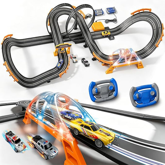 Electric Slot Car Race Track Sets with 4 High-Speed Racing Slot Cars Dual Racing Game with 2 Controllers Circular Overpass Track Featuring Flash Bridge Pendulum Gifts Toys for Boys Kids Age 6 7 8-12