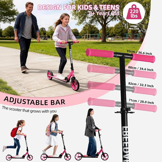 FREEDARE Kick Scooter for Kids & Adults Ages 8+, Foldable Teen Scooter with 2 Big 8-inch Wheels and 4-Level Adjustable Handlebar, Max Load 220 LBS