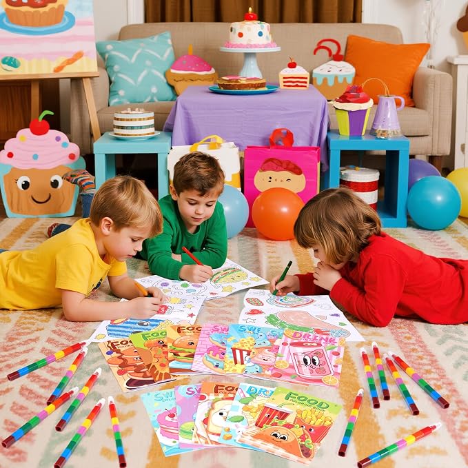 BenLouis 12 Fast Food Mini Coloring Books Kids with 12 Stacking Crayons Snacks Donut Pizza Party Favors Small Activity Books Bulk for Kids Delicious Fast Food Party Gift Goodie Bag Stuffers