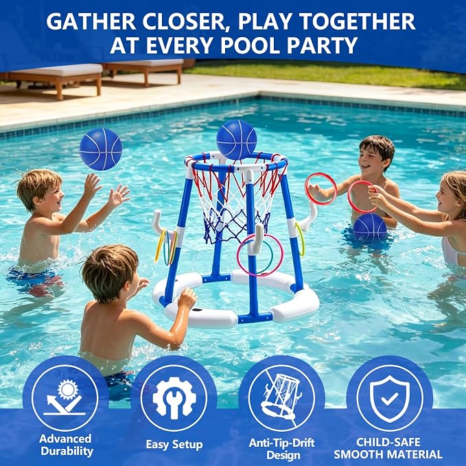 Pool Basketball Hoop with 4 Balls & 12 Rings, 2-in-1 Floating Pool Toys for Kids Adults, Water Game for Indoor Outdoor Swimming Backyard Party, Portable Summer Gifts for Boys Girls Ages 8-12, Blue