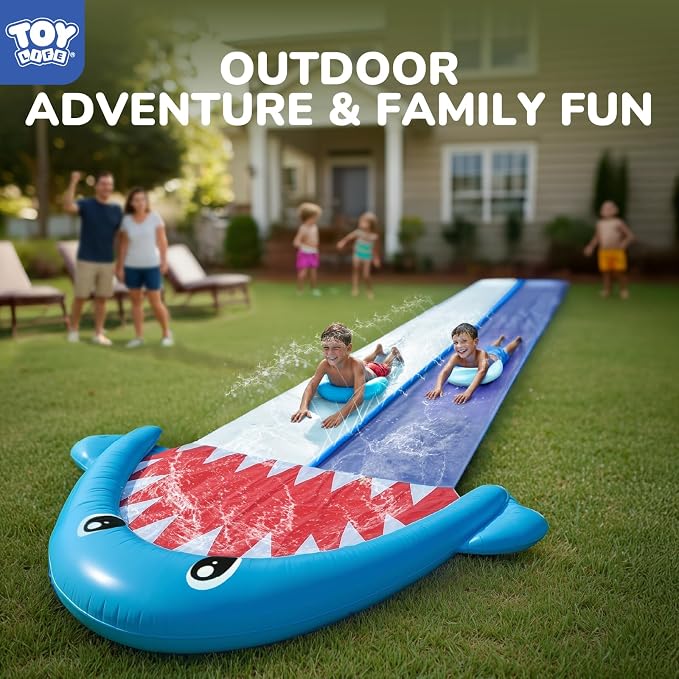 TOY Life Giant Shark Water Slides for Kids 20Ft Waterslide Backyards Lawn with 2 Bodyboards, 2 Lane Slip Splash and Slide Summer Toys with Built-in Sprinkler for Backyard Outdoor Shark Water Toys Fun