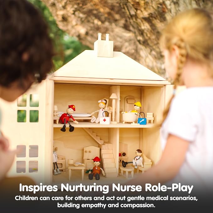 PlanToys® Wooden Nurse Doll | Poseable 1:12 Scale Character Figure for Dollhouse Play, Caregiving & Social Interaction | Eco Friendly Montessori Pretend Play Figure