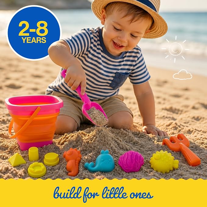 Beach Toys for Kids, 12-Piece Foldable Sand Toy Set, Silicone Beach Bucket, Sand Toys for Toddlers Ages 2-8, Beach Bucket and Shovel Set, Outdoor Beach and Sandbox Toys (Pink Set)