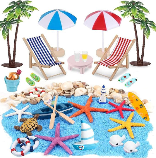 31 Pcs Beach Miniature Dollhouse Decoration, Umbrella Palm Chair Miniature Toys Garden Dollhouse Outdoor Accessories Beach Decorations Mini Beach Chair for DIY Garden Plant Pool