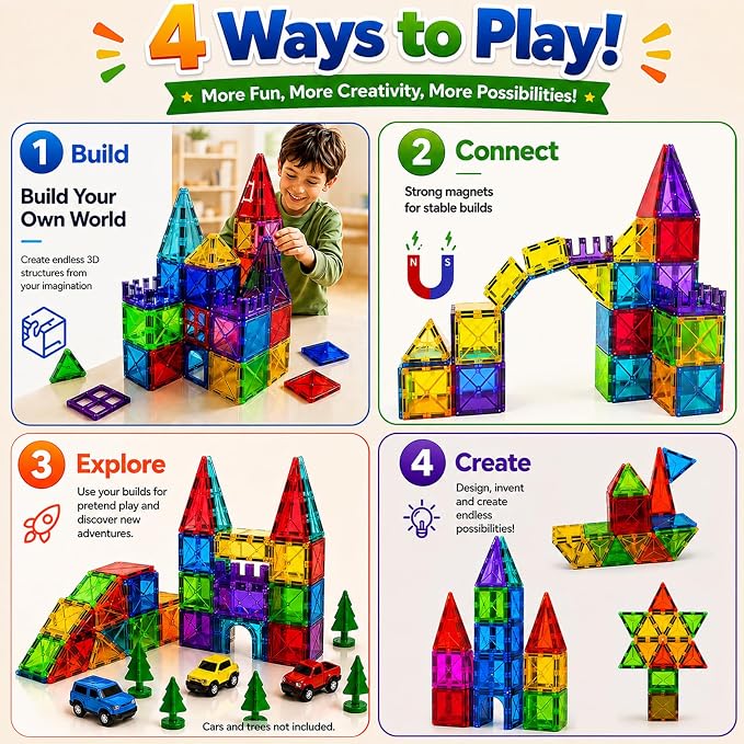 LATI 130-Piece Magnetic Tiles Building Toy Large Set for Kids,Magnetic Building Blocks Construction Set,Open-Ended Play STEM Educational Toy,Compatible with Other Brands,Gift for Boys & Girls Ages 3–8