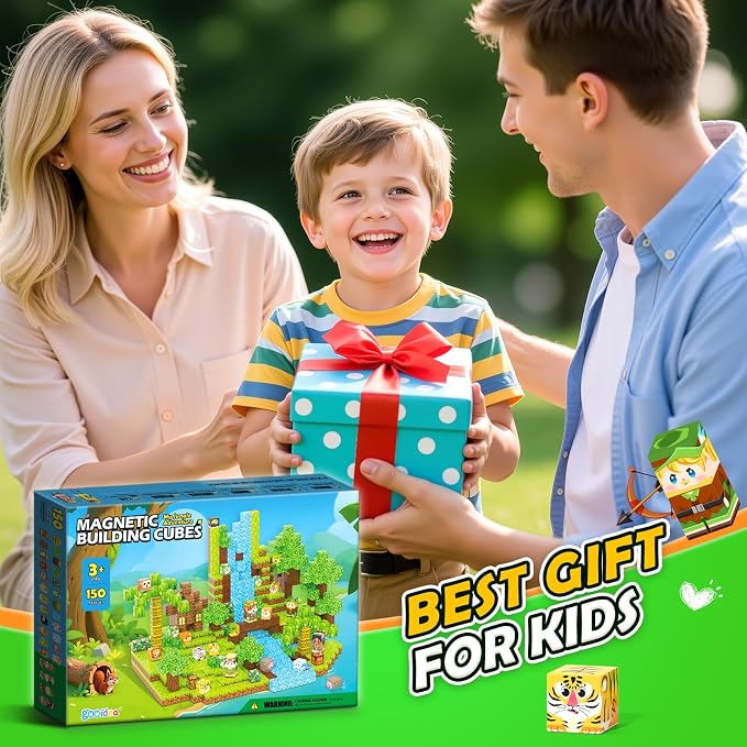 Gooidea 150 Magnetic Blocks Magnet Building Craft, STEM Constructions Toy, Sensory Stacking Cubes Kids Toys, Holiday Birthday Gifts for Boys Girls Age 4-6, 5-7, 4-8, 8-12 - Jungle Adventure Playset