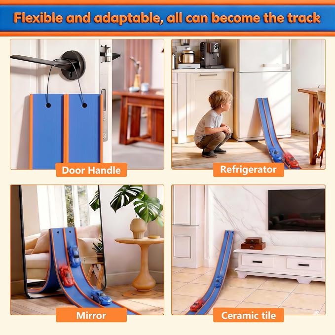 Flexible Tracks 15 Ft Flex Race Car Track for Kids Toy-DIY Car Track Set with 1/64th Rebound Cars Portable Rolls Up Race Tracks with Strong Suction Cups-Great Gifts Toys for Boys Girls Ages 3+