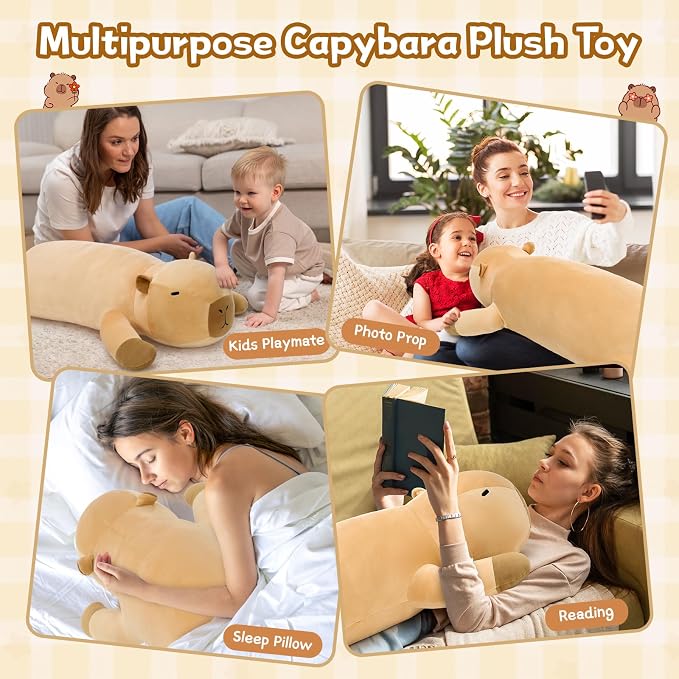 MorisMos 43.3" Long Capybara Plush Body Pillow, Capybara Stuffed Animal, Cute Capybara Pillow Plushie, Sleeping Body Pillow for Cuddling, Perfect Christmas Valentine's Birthday Gift for Kids & Adults