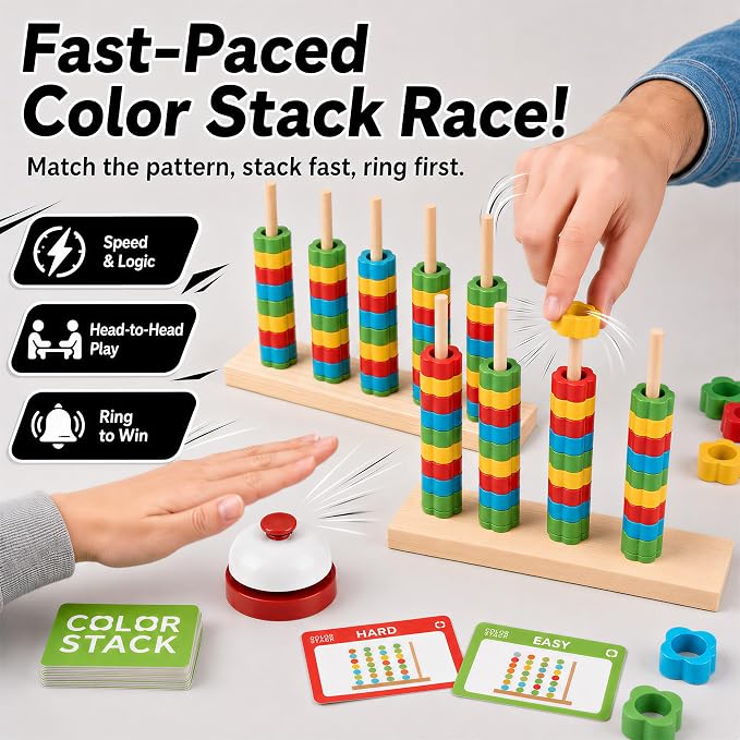 Color Stack Challenge Game for Teens & Adults, Wooden Fast-Paced Color Matching Puzzle Board Game with 2 Rotating Racks, 80 Ring, 50 Challenge Cards & Bell, Competitive Brain Teaser Party Game