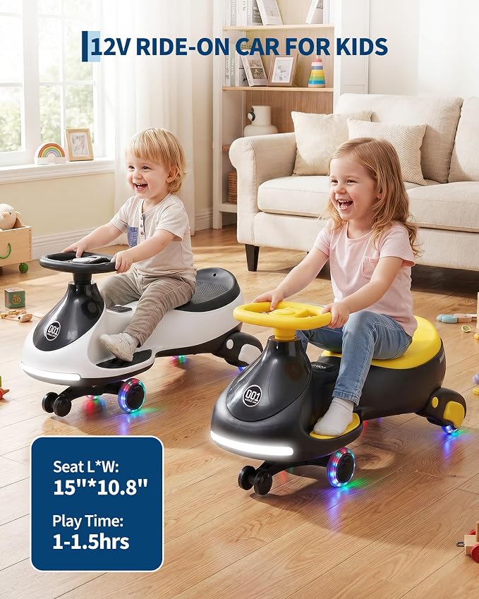 Garvee 12V Electric Wiggle Car for Kids, 2 in 1 Swing Car with Pedal, Anti-Rollover, Max Load 130Lbs,Flashing Wheels, Music,Rechargeable Battery Ride on Toy Indoor Outdoor for Toddlers, White