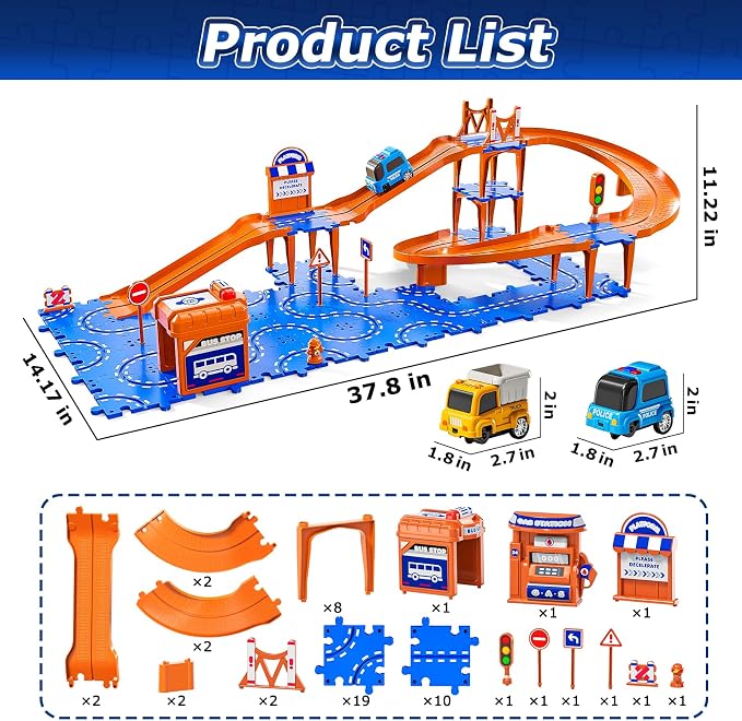 Toddler Toys for 3 4 5 6 Year Old Boys Kids Girls, 59 Pcs Puzzle Track Car Set for Kids Boys Toddlers 3-5 4-6, 3-Tier Puzzle Race Tracks Car Toys Set, Race Track Birthday for Toddlers