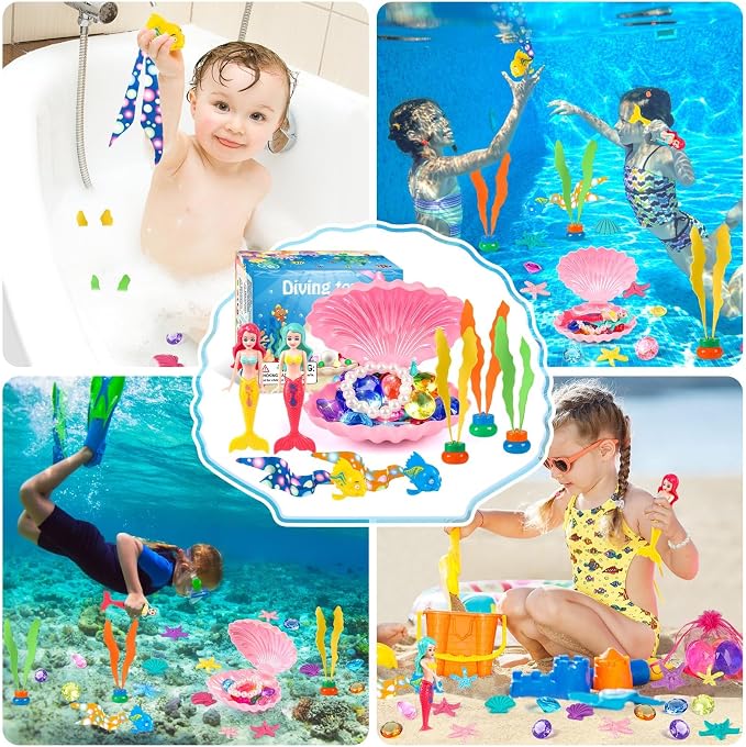 HUUIDY Pool Toys, 31Pcs Mermaid Toys Diving Toys with Shell Treasure Chests and Storage Bag, Swimming Pool Games Summer Water Toy Gift Set for Kids Toddlers Girls Boys