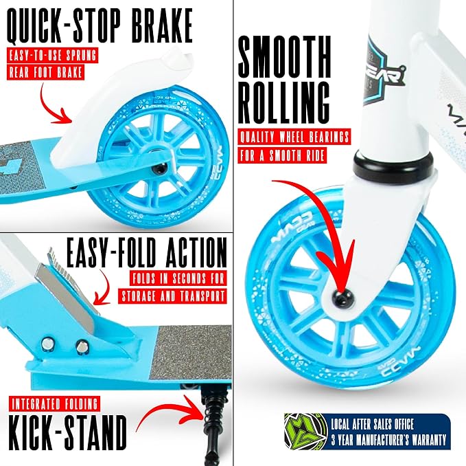 Kick Scooter for Ages 5+ - Kids, Teens & Adults. Max Load 220lbs. Foldable, Light-Up Wheels, Adjustable Height, Lightweight - Rush 125 Madd Gear