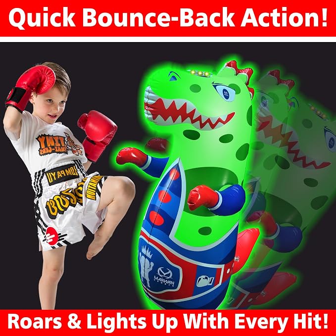 Marwan Sports Dinosaur Punching Bag for Kids Ages 3-10 — 47" Sensory Bop Bag, Glow-in-the-Dark with Roaring Sounds & Color Changing Lights | Indoor Energy Burner & Birthday Gift for Active Kids