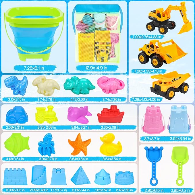 FHOZGECY Beach Sand Toys, 3 Construction Vehicles, 3 Collapsible Buckets, Sand Castle Molds with Travel Mesh Bags, Sandbox Play Set for Kids Ages 3-12, Multi‑Scene Play for Outdoor Summer Beach Games