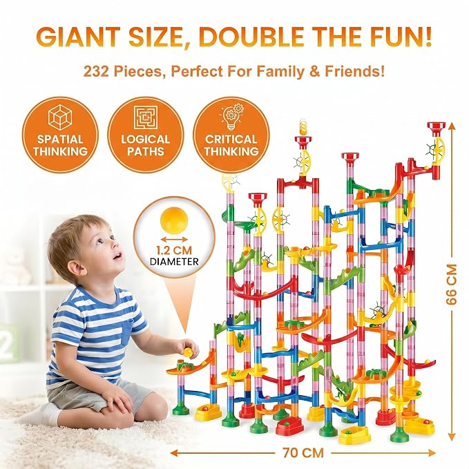 232 PCS Marble Run STEM Building Toys for 3+ Years, Creative Marbel Run with 45 Colourful Plastic Marbles, Educational Construction Track Set, Gift for 3 4 5 6-8-12 Year Olds Boys Girls