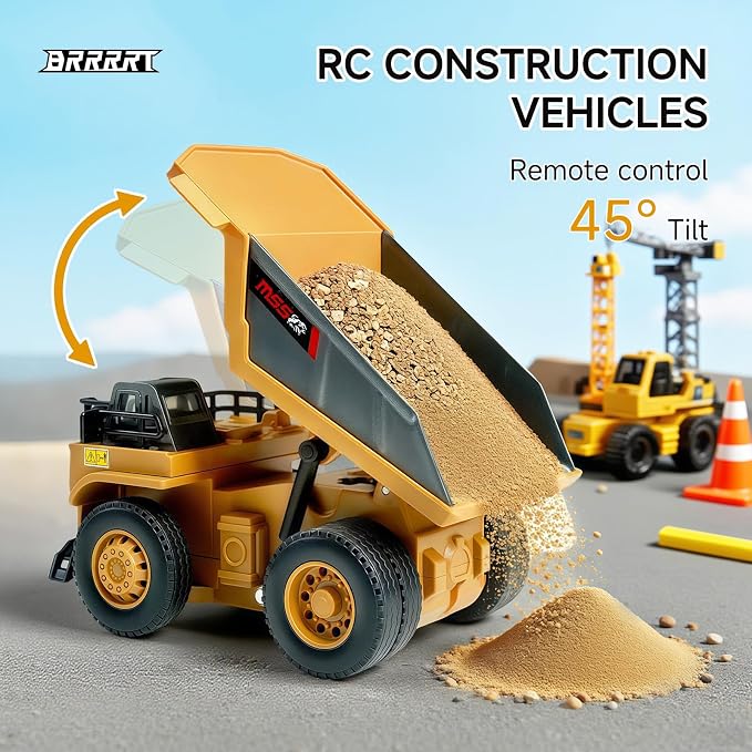 BRRRRT 1/64 RC Dump Truck,Full Proportion Mini Dump Truck Toy,8-Channel Remote Control Toy with Metal Bed & Light, RC Construction Vehicles,Type-C Built-in Battery for Boys and Girls Age 3+