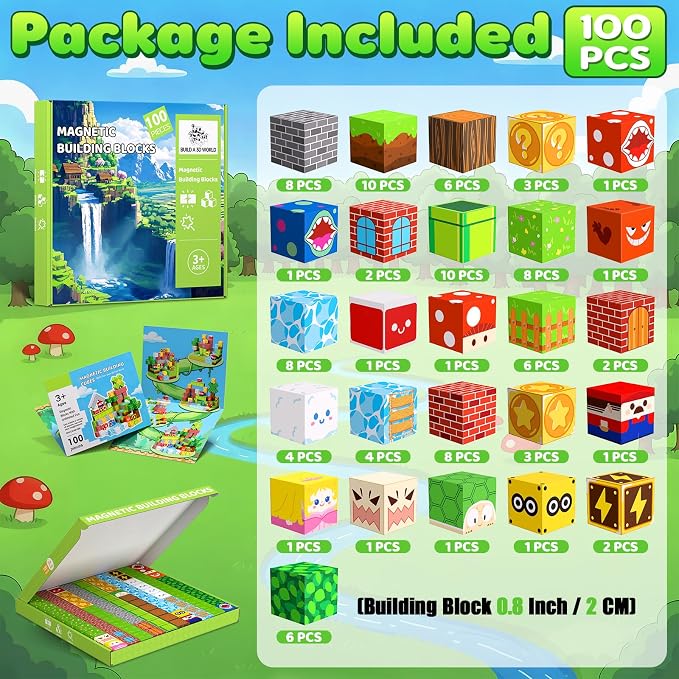 Magnetic Blocks, 100PCS Magnetic Building Blocks, Stacking Magnetic for Kids, Sensory Toy for STEM Constructions Magnetic Blocks for Boys Girls Age 3+, Holiday Birthday Gifts