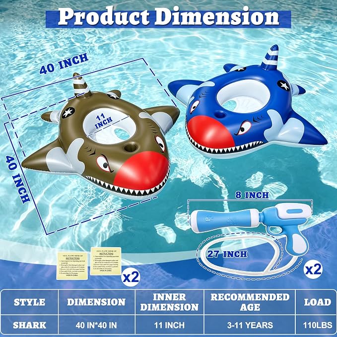 2 Pack Inflatable Shark Pool Floats Kids 3-11 Years, Kids Floaties Swimming Pool Toys with 2 Water Squirt Guns Boys Girls Party Float Ride-on Toddler Floatie with Safety Seat Summer Outdoor Water Game