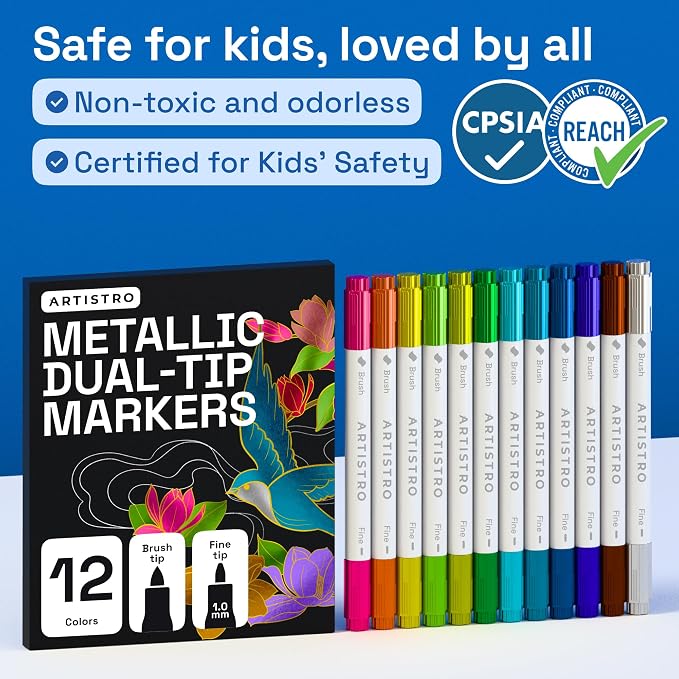 ARTISTRO 12 Metallic Acrylic Paint Markers - Paint Pens for Drawing - For Fabric, Rock, Glass, Wood, Molds - Arts & Crafts Gift for Adults, Teens, Kids, Classroom Must Haves & School Supplies