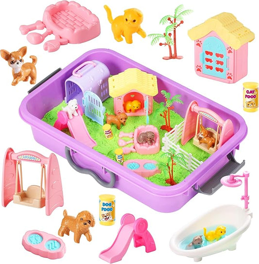 Carolart Pet Sensory bin,Dog and Cat Sandbox for Kids,Kids Play Sand Kit,Pet Play Set with Sensory Sand,Pet Care Play Set,Role Pretend Play Beach Toy Birthday Gift for Girls Boys 3 4 5 6 Years Old