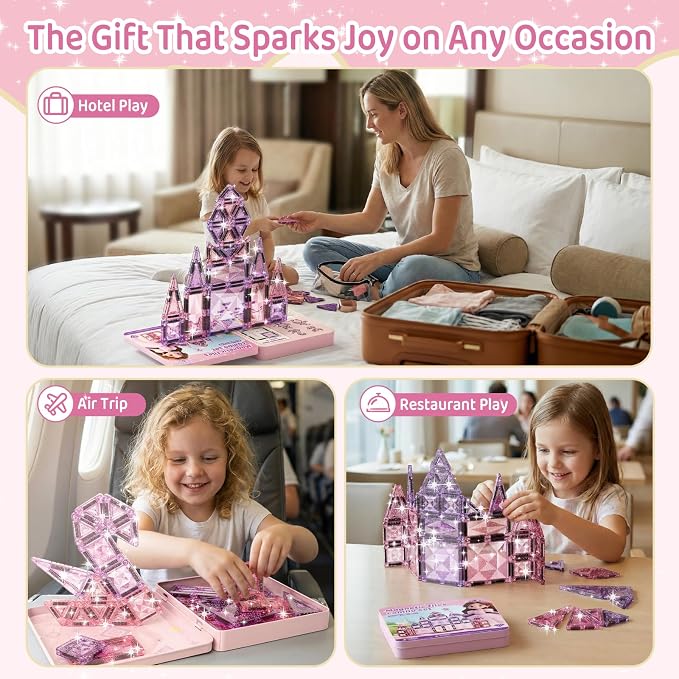 burgkidz Sparkling Glitter Magnetic Tiles for Girls Ages 3-8: 42PCS Pink & Purple Tiles with Storage Tin, Standard Size Compatible with Leading Brands, Dual Size Mix, Travel Friendly Birthday Gift