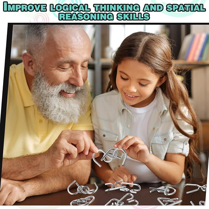 Metal Wire Puzzle Set of 8 with Pouch, Brain Teaser Puzzles IQ Test Ring Disentanglement Unlock Interlock Game Trick Metal for Party Favor Challenge(B Style)