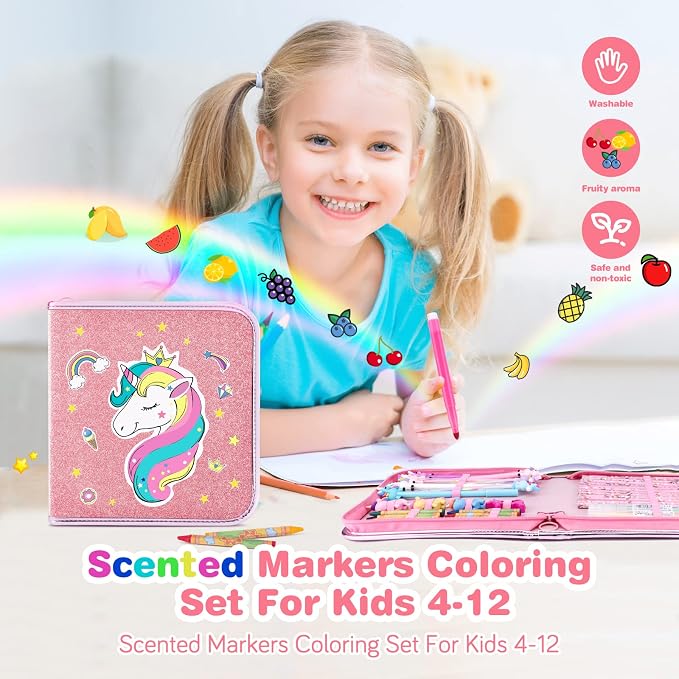 MAIGOZON Unicorn Gifts for Girls - 56 PCS Scented Markers Art Supplies Set for Kids Ages 4-8, Coloring Drawing Kit with Glitter Unicorn Case & Quick-Dry Gel Pens, Birthday Christmas Gift