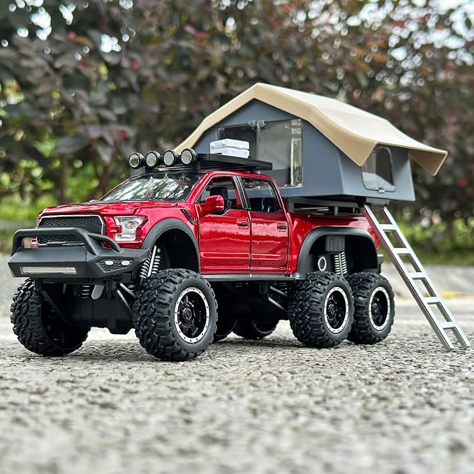 OANMYJJO Toy Trucks for Boys Age 4-7,Trucks for Kids F150 Diecast Truck,Model F150 Pickup Truck with Sightseeing Cabin,Pull Back Cars with Light and Sound,Trucks for Kids Ages 4-8（Red）