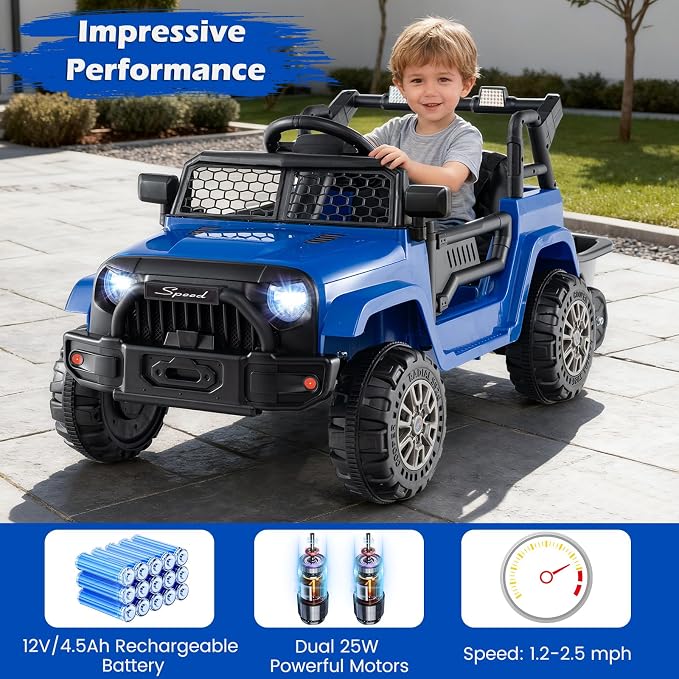 Costzon Ride on Car with Detachable Trailer, 12V Battery Powered Ride on Truck with Parent Remote Control, Light & Music, Electric Vehicle Kids Car Toy for Boys & Girls (Blue)
