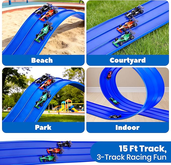 3-Lane Flexible Race Track for Kids with Suction Cups, Race Car Ramp Track & 15ft Race Car Track Compatible 1:64 Diecast Cars,Portable Roll Up Track Toy,Gift Race Track for Kids 3+ (Blue)