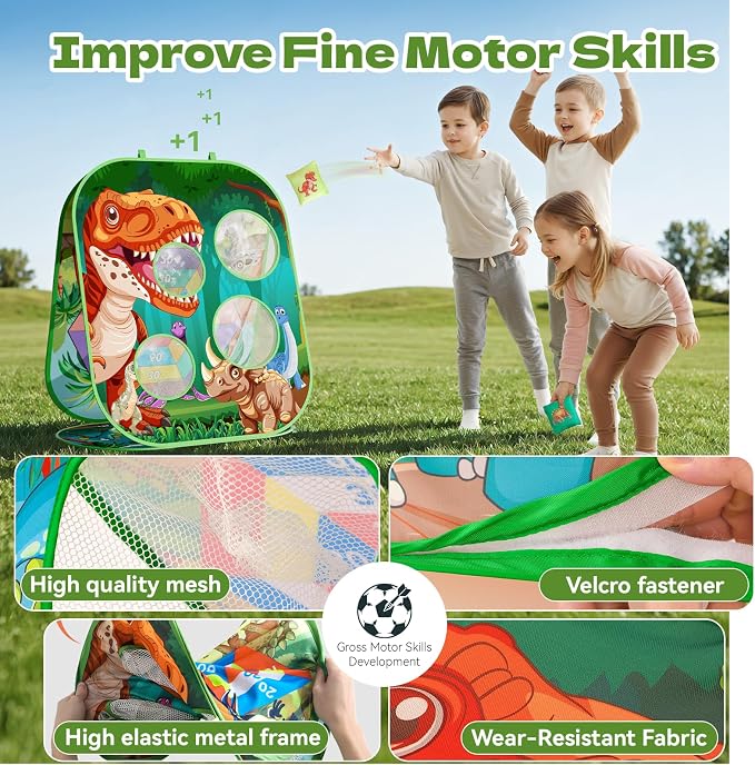 4-in-1 Dinosaur Bean Bag Toss Game for Kids, Cornhole & Dart Board Set for Toddlers, Outdoor Toys for Family Party, Backyard, Beach & Lawn Activities, Gift for Boys and Girls Ages 3 4 5 6 7 8