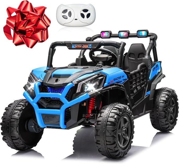 24V 2 Seater Ride on Car for Kids, MOEYURO 800W Powered UTV Toy, 5MPH Large Side by Side Electric Car w/Remote, Bluetooth, LED Light, 3 Speeds, Music, Spring Suspension, Storage for Kids Gift, Blue