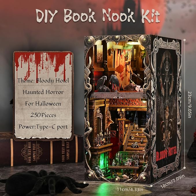 Creepy Book Nook Kit, DIY Miniature Dollhouse Halloween 3D Puzzle,Horror Scary 3D Wooden Puzzle Bookend Bookshelf Insert Decor with LED Light,Bloody Hotel