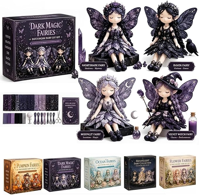 Fairy Patchwork DIY Collection, Fun Flower Fairy Patchwork Sewing Kit, Make 4pcs Winged Elf Cloth Dolls, Complete Fabric Supplies DIY Craft Set for Beginner Crafters, Home Handmade Gift