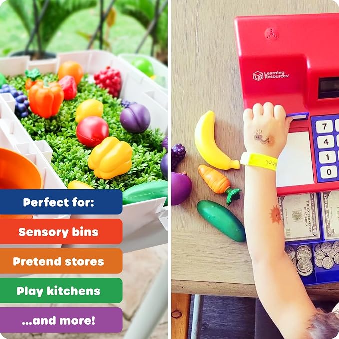 Learning Resources Farmer's Market Color Sorting Set - Pretend Play Food Sets for Kids Kitchen, Color Sorting Toys, Plastic Fruit and Vegetable Toy for Kids Kitchen Set, Play Food for Toddlers 1-3