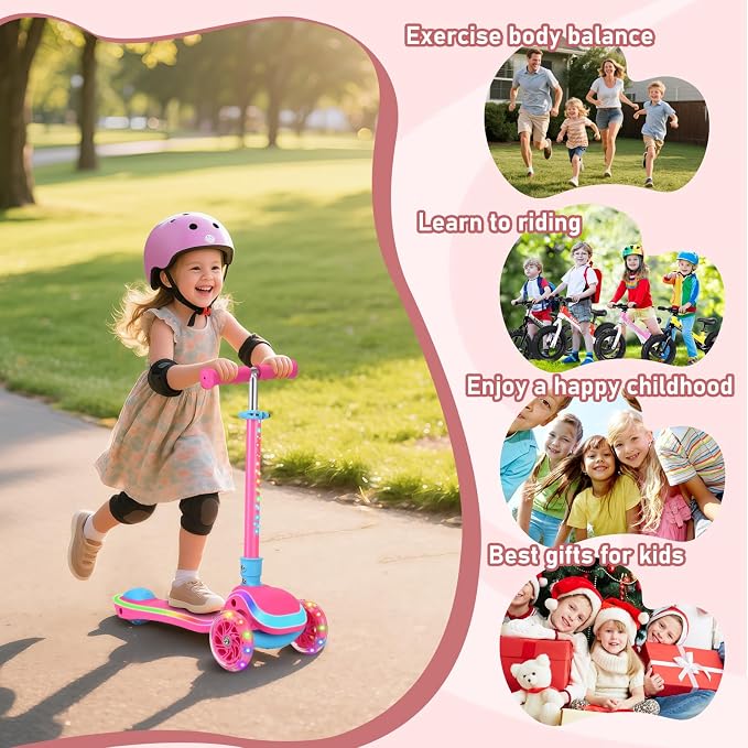 Kids Scooter with Seat, 2 in 1 Kick Toddler Scooter with LED Light-Up Wheels and Light up Deck, 4 Adjustable Heights, Lean to Steer, 3 Wheels Scooter Suitable for Boys & Girls Ages 2-8 Years