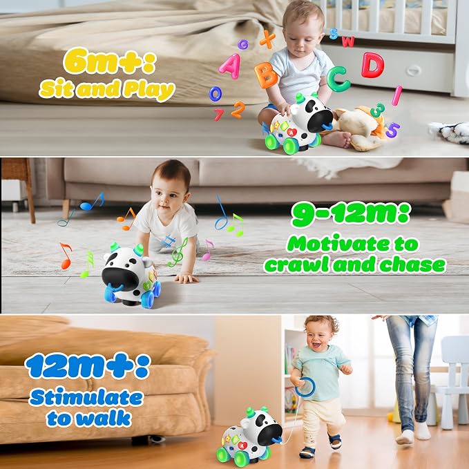 Baby Toys 6-12 Months, Bilingual Musical Cow Crawling & Pull Along Toy, English Spanish Learning Toy with Lights, Animal Sounds, ABC & 123 for Toddlers 12-18 Months, First Birthday Gift for Boys Girls
