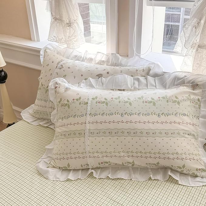 LifeTB Ruffle Floral Comforter Girls Flower Comforter Set Queen Aesthetic Leaves Floral Bedding Comforter with Cute Rabbit Reversible Green Plaid Comforter Princess Bedding Botanical Comforter Set