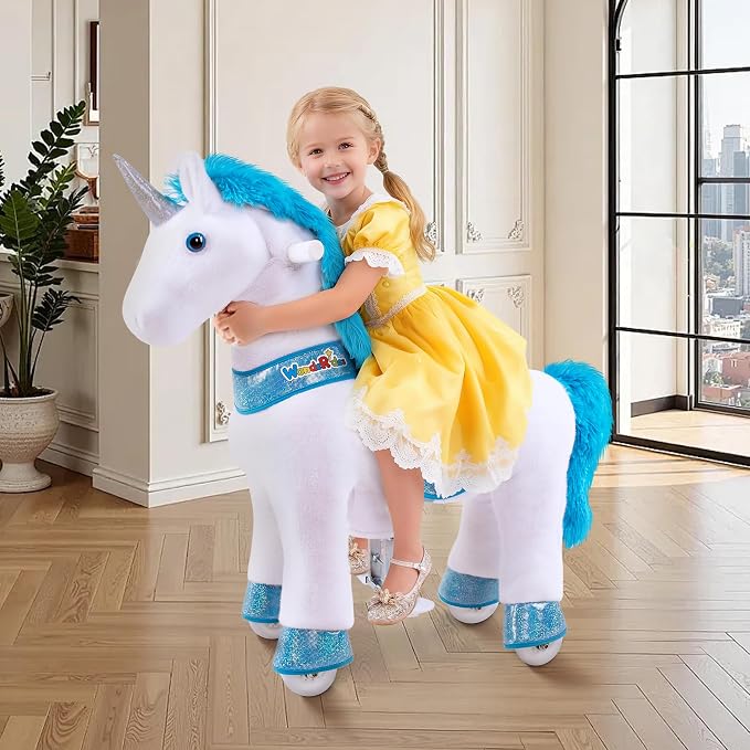 WondeRides Ride on Horse Pony Unicorn Riding Horse Toys Pony Rider Rocking Horse, 30.1 inch Height Plush Walking Animal Mechanical Rocking Horse with Wheels (Blue-White, Size 3 for Age 3-5) M331-1