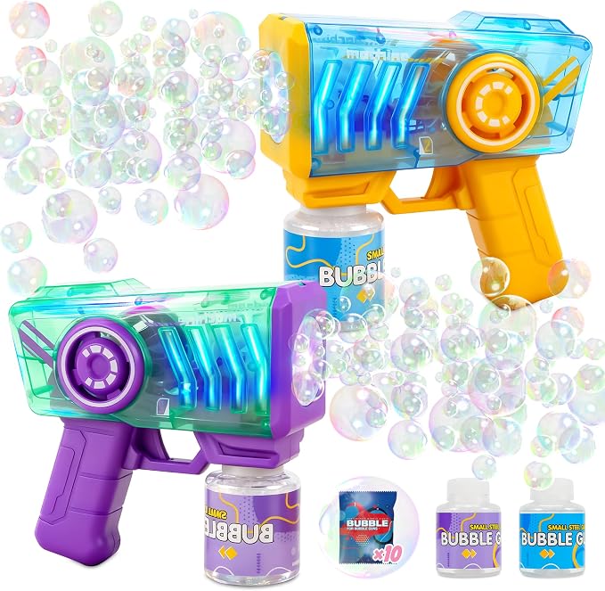 Bubble Machine Gun for Kids 2 Packs, with LED Lights & Solution,Suitable for Boys and Girls Aged 3 and up, Outdoor and Indoor Birthday and Wedding Party Toy, Gift(Yellow&Purple)