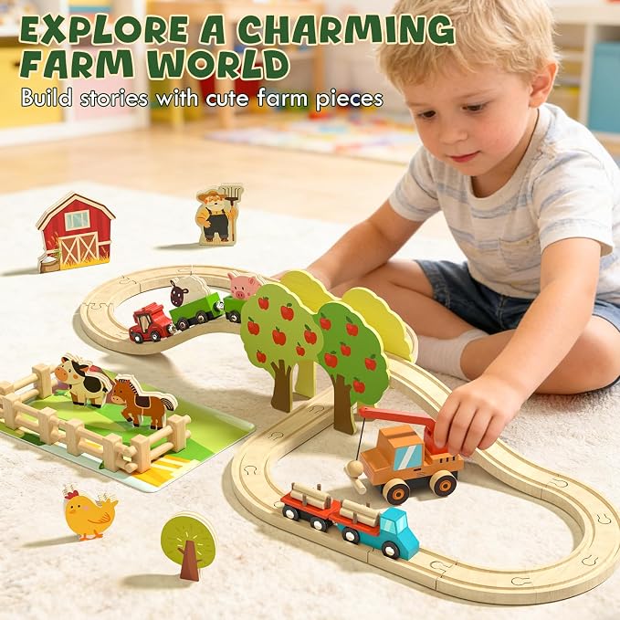 Lehoo Castle Wooden Train Set for Toddlers 2-4 - Wooden Train Track Set for Kids, Farm Animal Train Toys for 3 4 5 6 Year Old Boy Girl Birthday Gifts