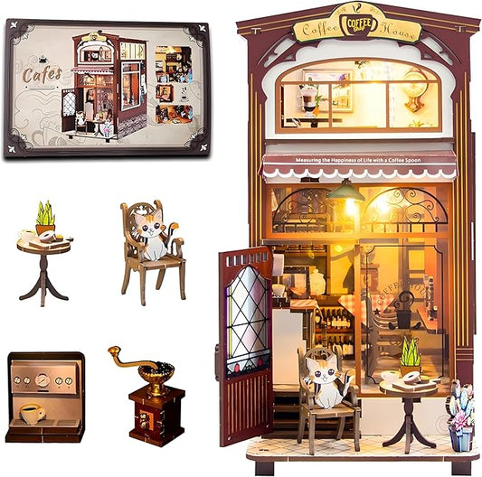 DIY Book Nook Kit - Dollhouses Café with LED - Miniature 3D Wooden Puzzle House Kit - Educational Toys forAdults and 14+ Teens Building