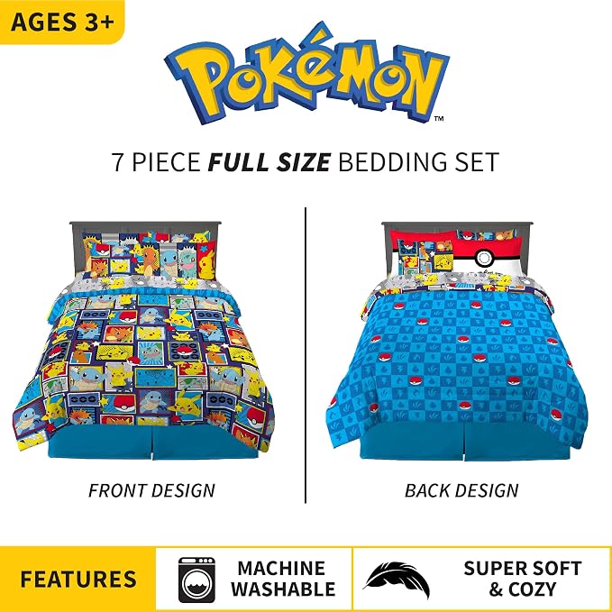 Pokémon Pikachu Full Size Bedding Set – Kids Bedding Super Soft Cozy Reversible Comforter and Sheet Set with Sham, 7 Piece Full Size, (Officially Licensed Product) by Franco